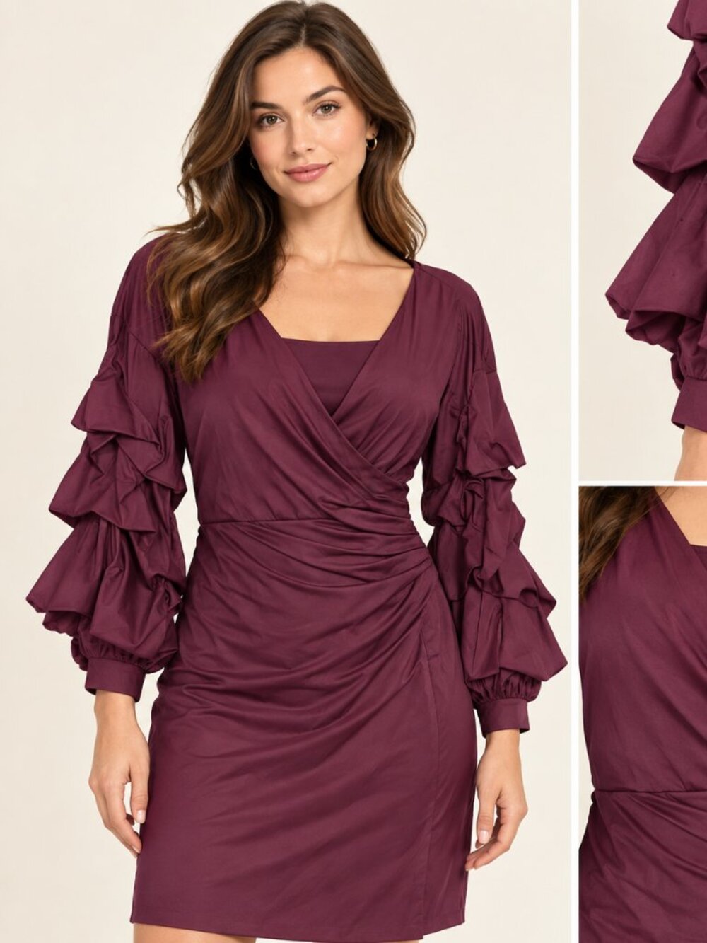 NWT Burgundry Ruffle-Sleeve V-Neck Dress